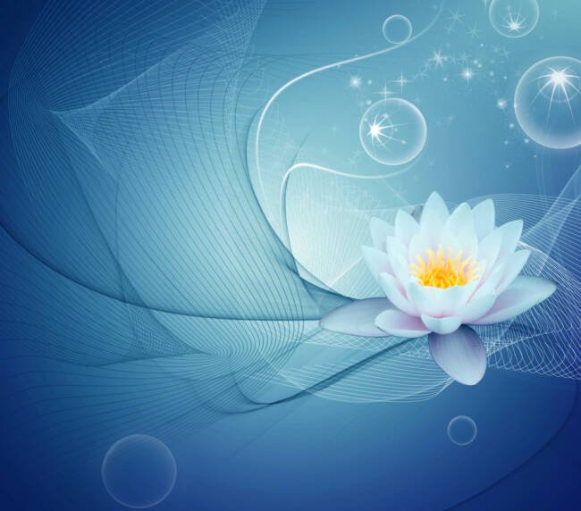 A white lotus flower on a blue background with bubbles
