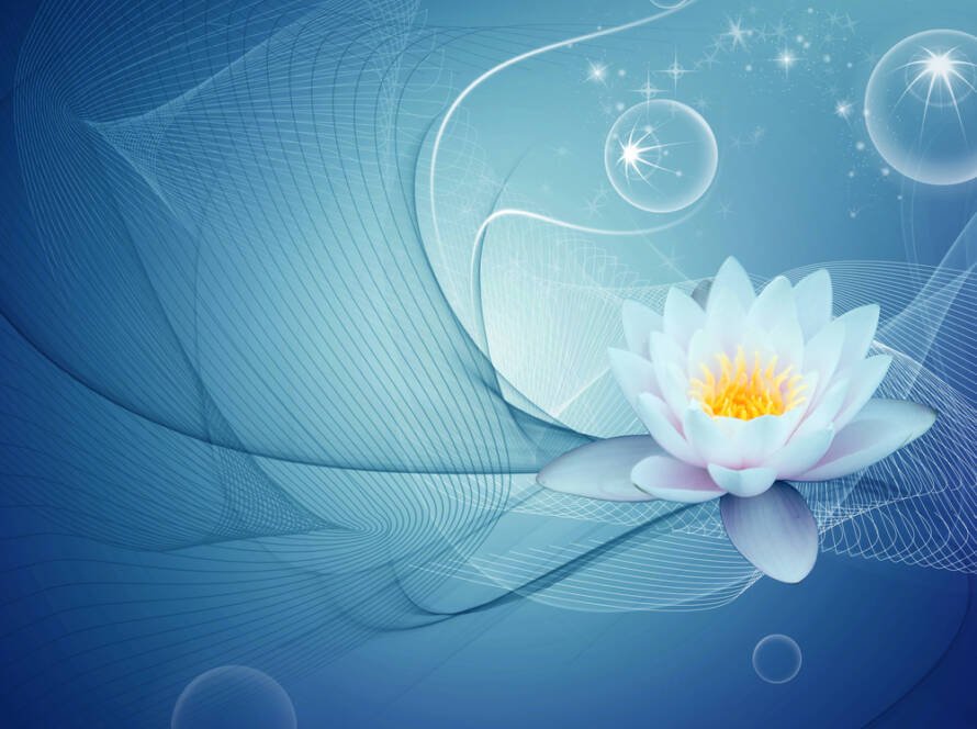 A white lotus flower on a blue background with bubbles