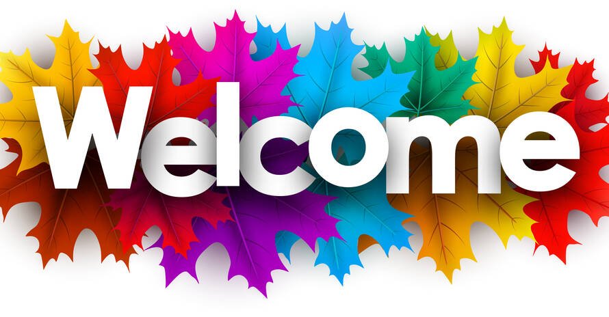 rainbow colored maple leaves behind white block letters spelling "welcome"