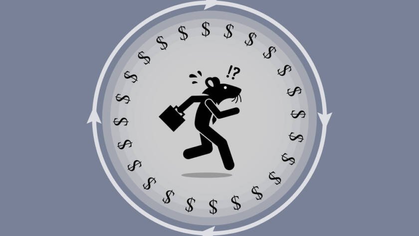 rodent on a clock with dollar signs all around it, running with question marks over its head