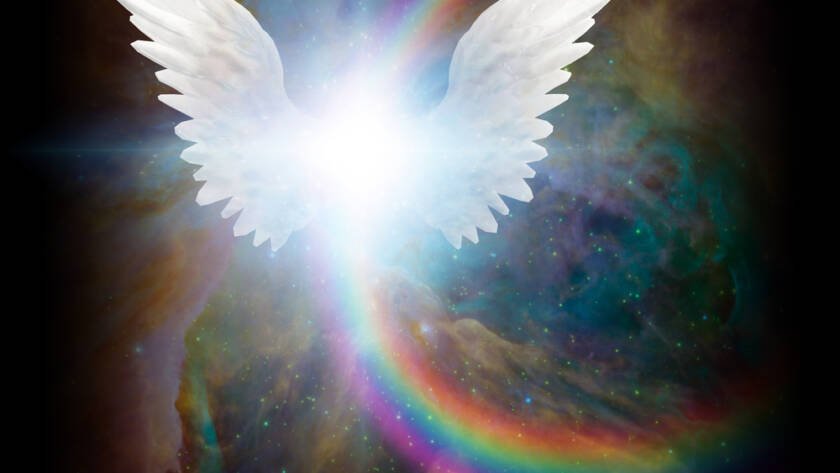White wings with light in the center, and a lens flare rainbow behind