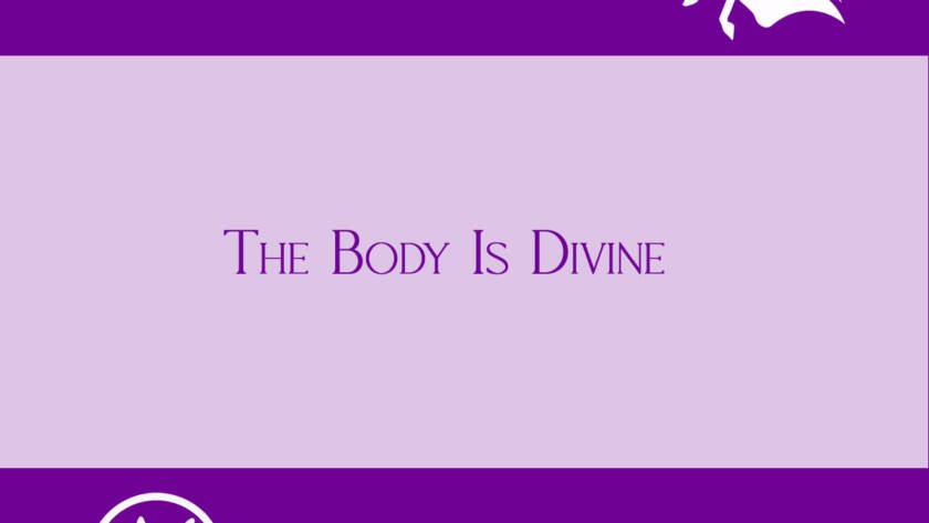 Dark purple background with "Body Theology Blog Topic of the Week" across the top in white lettering with the logo to the right and the bottom has the logo to the left and the blog url and social media handles. In the middle is a lighter purple section with the words "The Body Is Divine" in dark purple text
